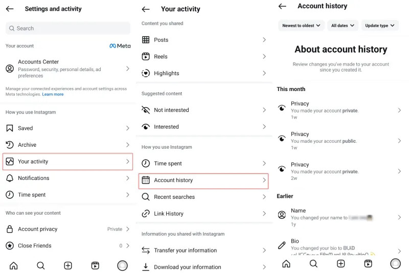 بررسی تاریخچه اکانت برای امنیت پیج