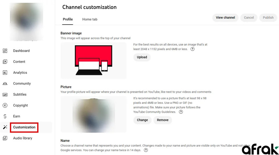 گذاشتن عکس پروفایل یوتیوب از بخش Customization