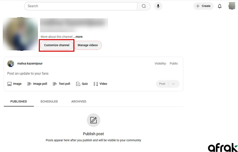 تغییر عکس پروفایل از طریق بخش سفارشی سازی کانال در یوتیوب استودیو